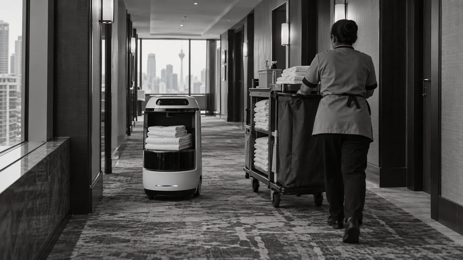A housekeeping worker guides a service robot through a hotel corridor in Kuala Lumpur, Malaysia. (AI-generated image / EconoTimes)