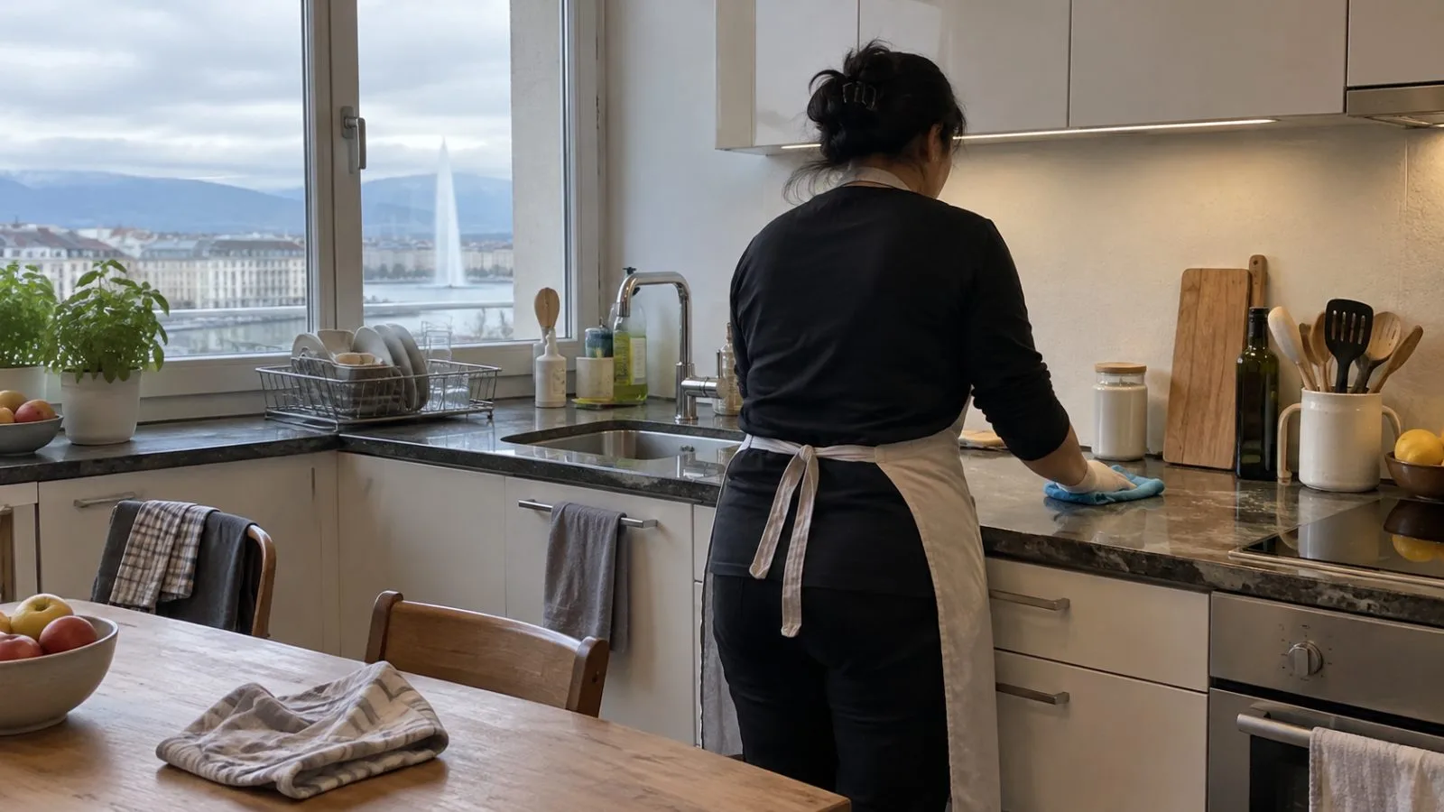 A domestic worker wipes a kitchen counter in an apartment in Geneva, Switzerland. (AI-generated image / EconoTimes)