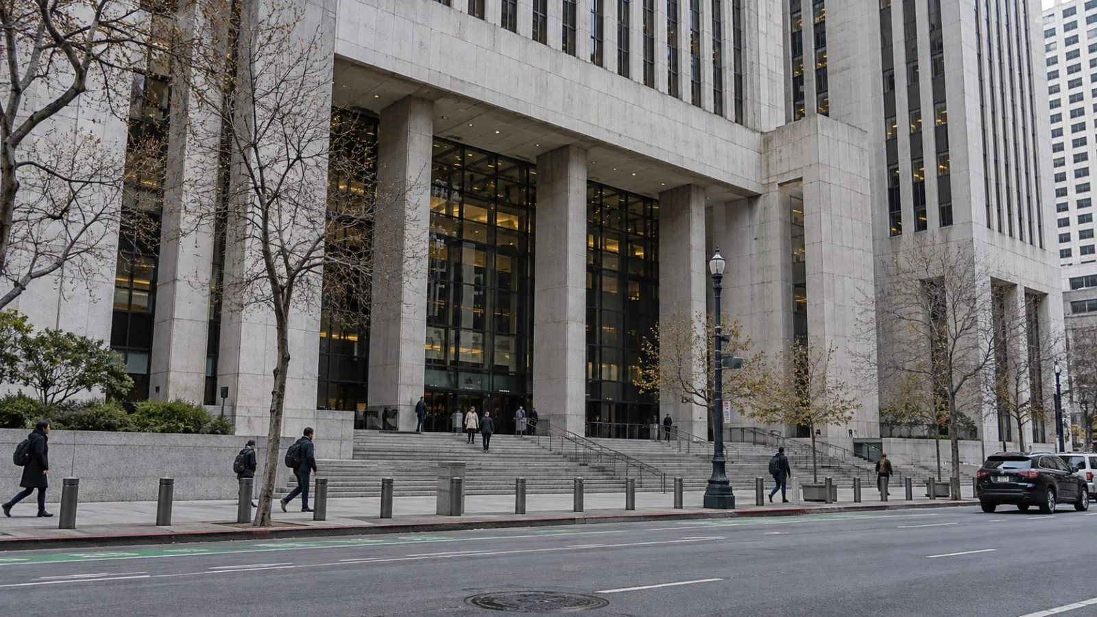 Pedestrians pass the Phillip Burton Federal Building in San Francisco on an overcast afternoon. (AI-generated image / EconoTimes)