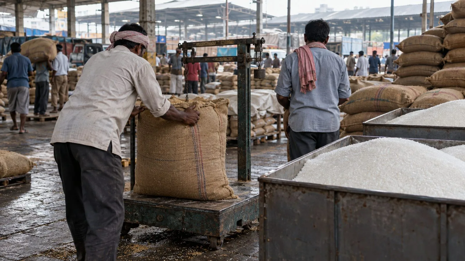 Workers weigh sacks of wheat at Mumbai’s APMC market in Vashi, Navi Mumbai. (AI-generated image / EconoTimes)