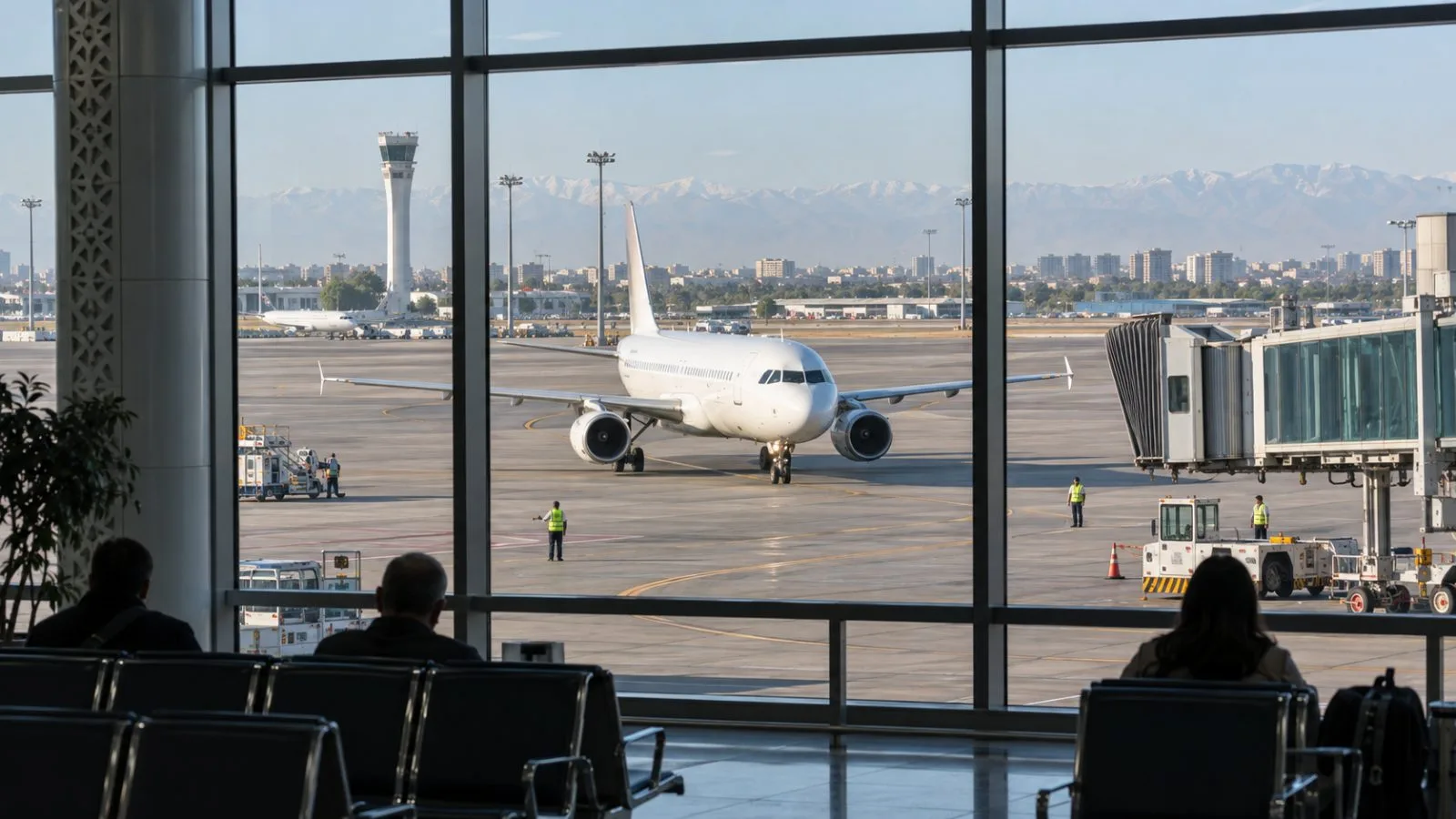 An aircraft taxis toward a gate at Tashkent International Airport in Uzbekistan. (AI-generated image / EconoTimes)