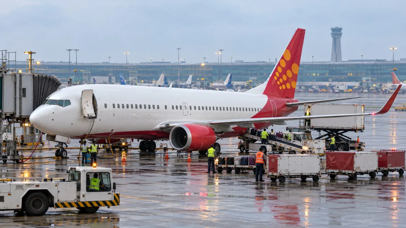 Passenger jets stand on a wet apron at Indira Gandhi International Airport in New Delhi. / EconoTimes.ai