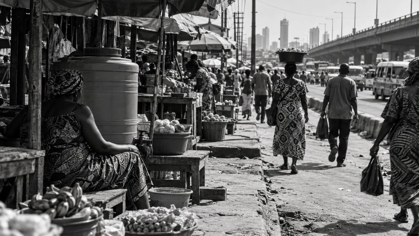 A market vendor pauses beneath an awning during hot weather in Lagos, Nigeria. (AI-generated image / EconoTimes)