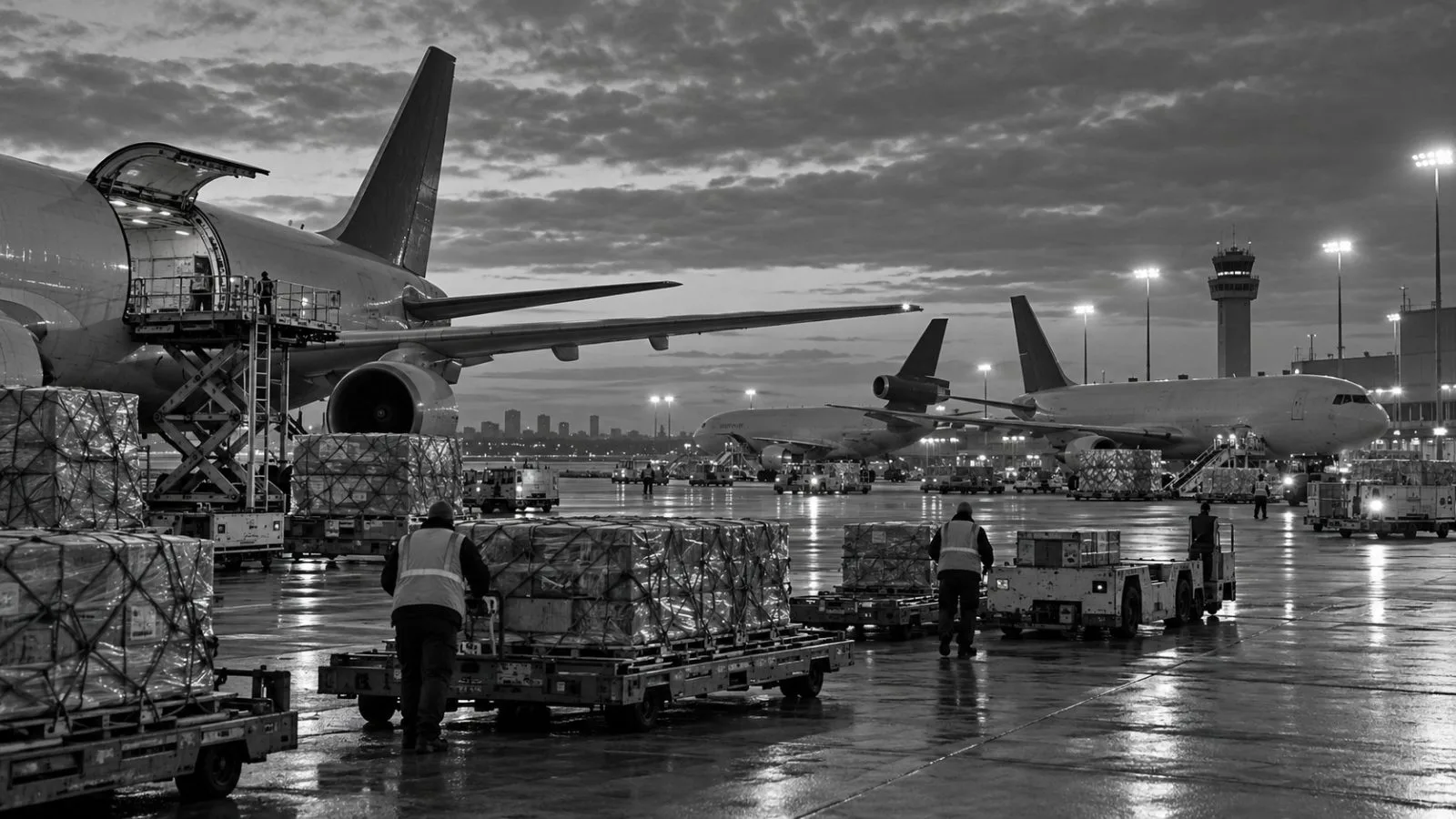 Freight containers stand beside cargo aircraft at Memphis International Airport in Tennessee. (AI-generated image / EconoTimes)
