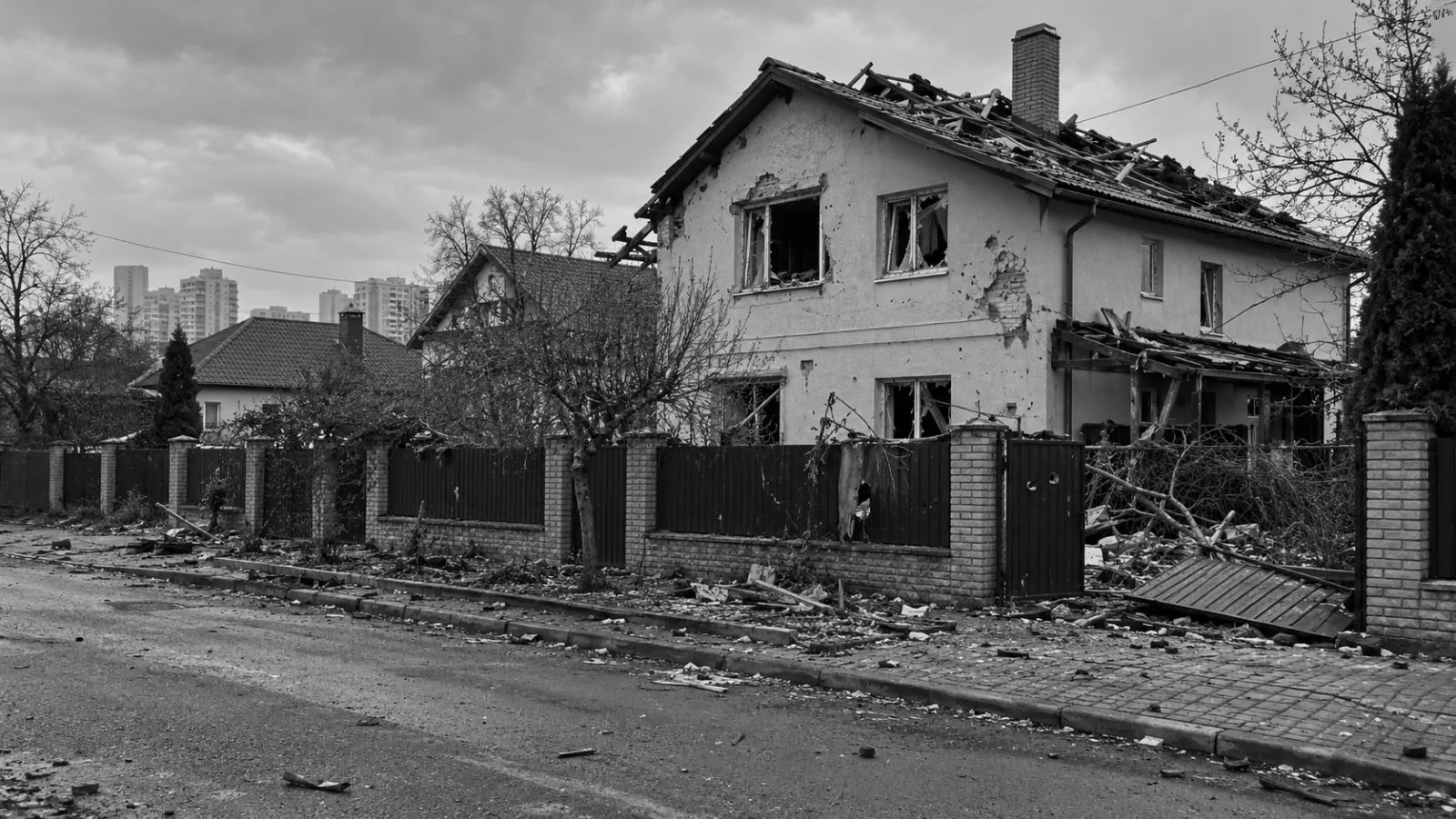 Debris lies outside a damaged home in Kyiv’s Dniprovskyi district (AI-generated image / EconoTimes)
