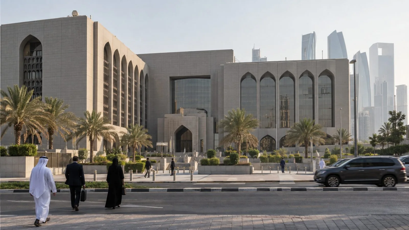 Commuters pass the Central Bank of the UAE in Abu Dhabi under hazy morning light. (AI-generated image / EconoTimes)