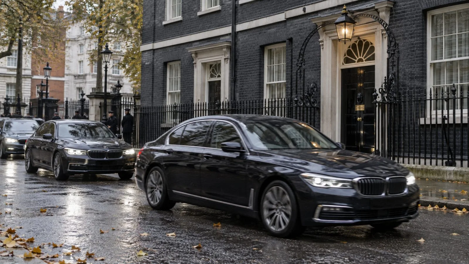 A motorcade passes 10 Downing Street in London during the Omani state visit. (AI-generated image / EconoTimes)