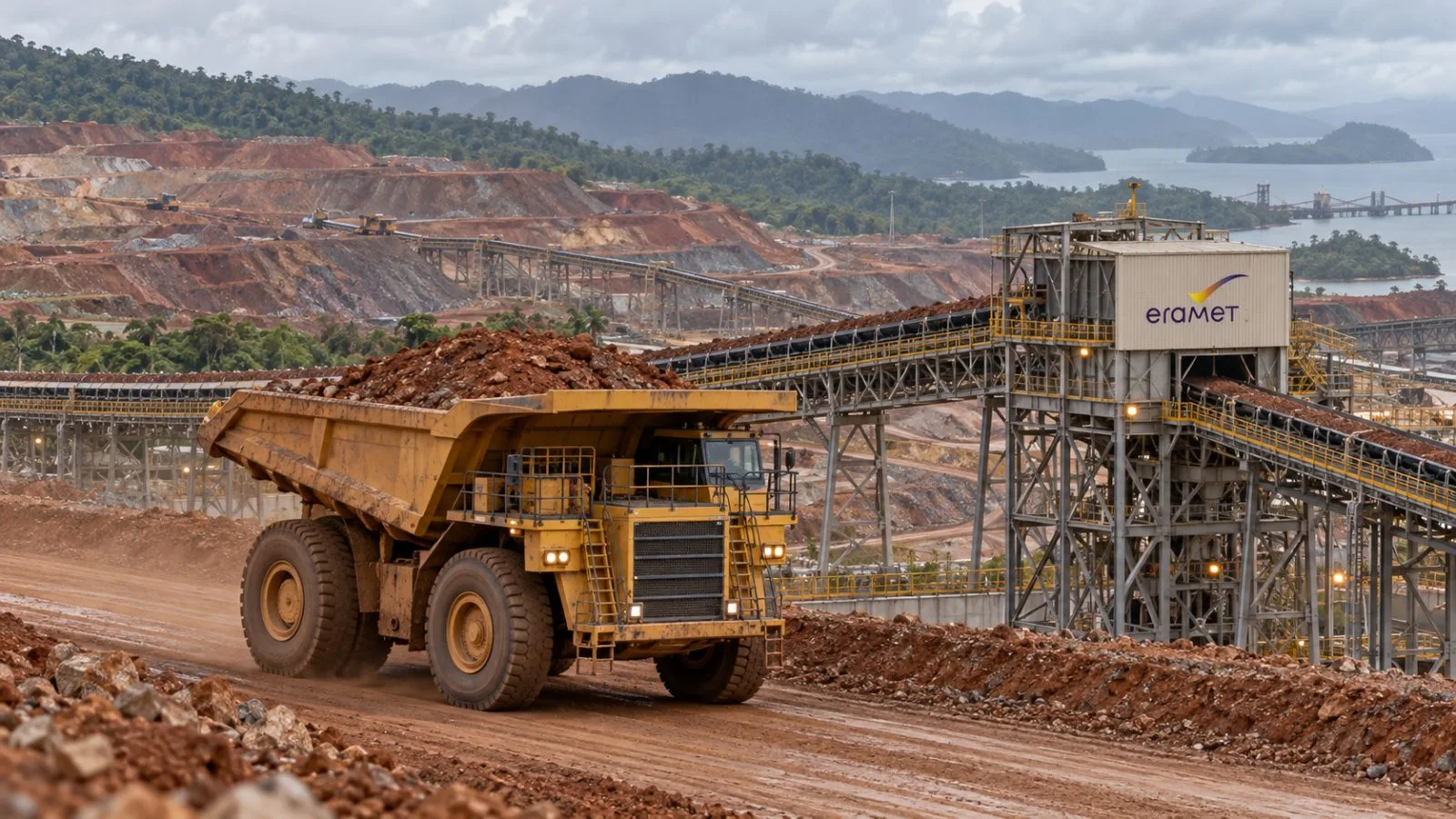 A haul truck carries nickel ore past a conveyor at Indonesia’s Weda Bay mine / EconoTimes.ai