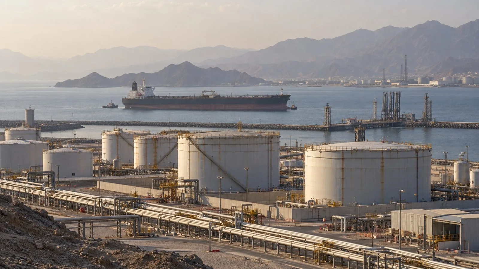 A crude tanker sits offshore near oil storage tanks in Fujairah, United Arab Emirates. / EconoTimes.ai
