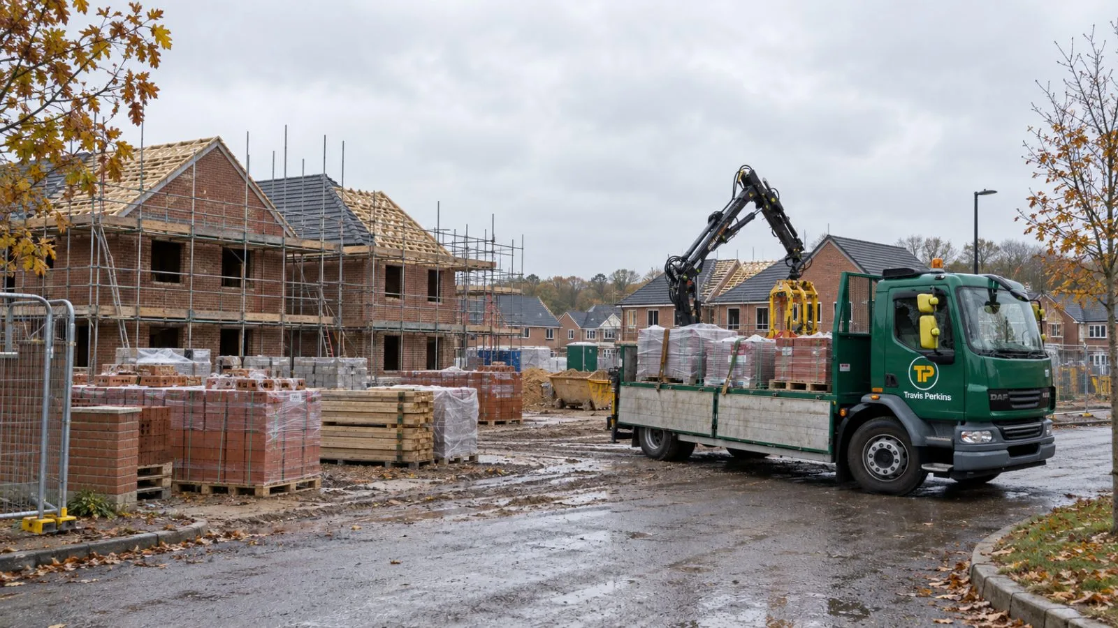 Partially built homes and stacked materials sit at a quiet construction site in Northampton, England / EconoTimes.ai