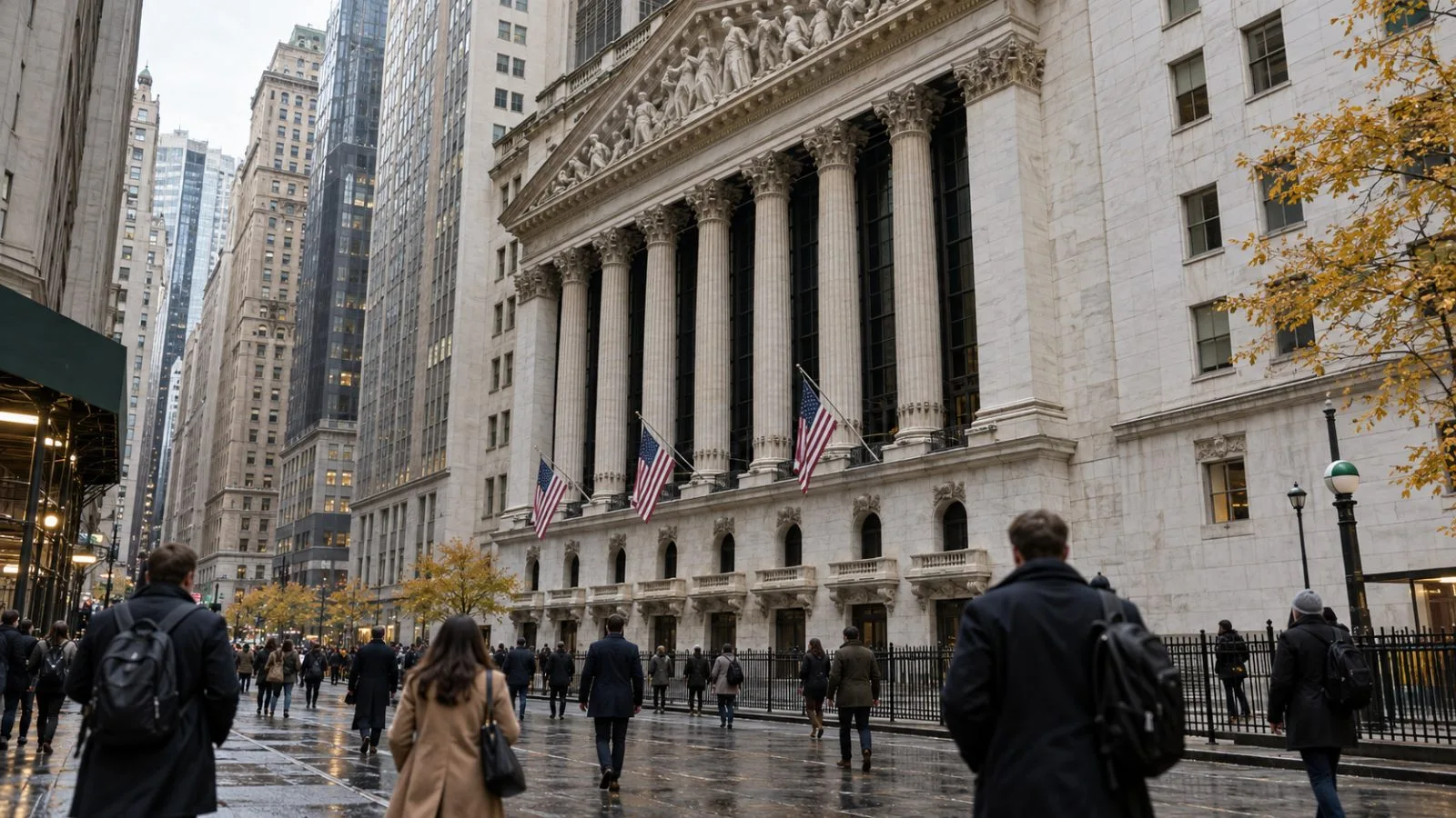Pedestrians pass the New York Stock Exchange on Wall Street in lower Manhattan on an overcast afternoon. (AI-generated image / EconoTimes)