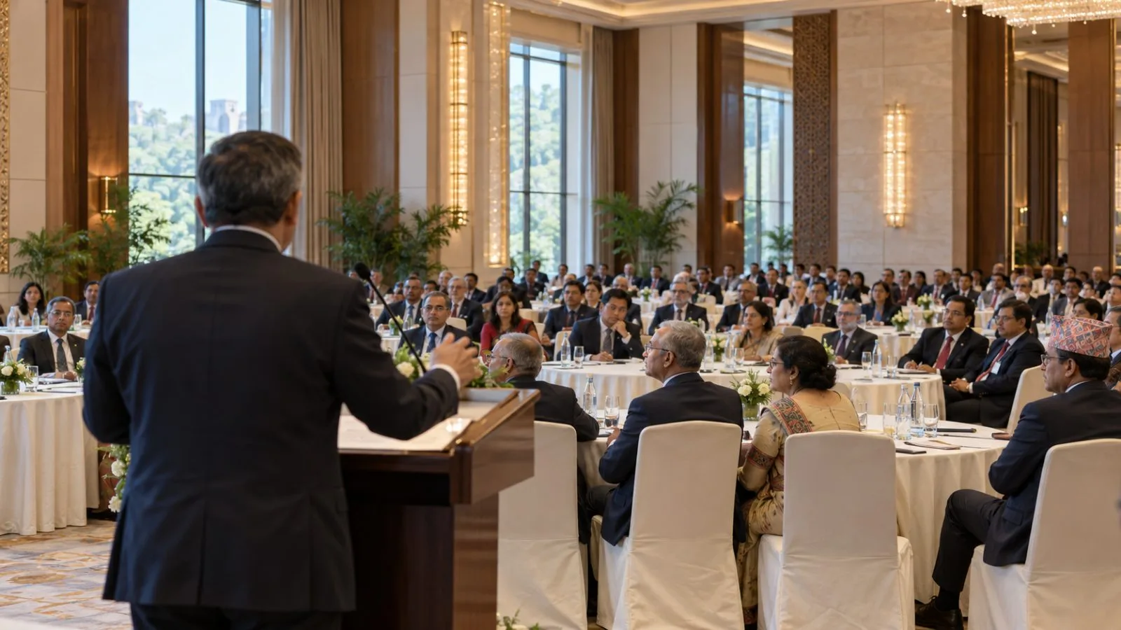 A speaker addresses seated delegates at Taj Palace in New Delhi, India. (AI-generated image / EconoTimes)