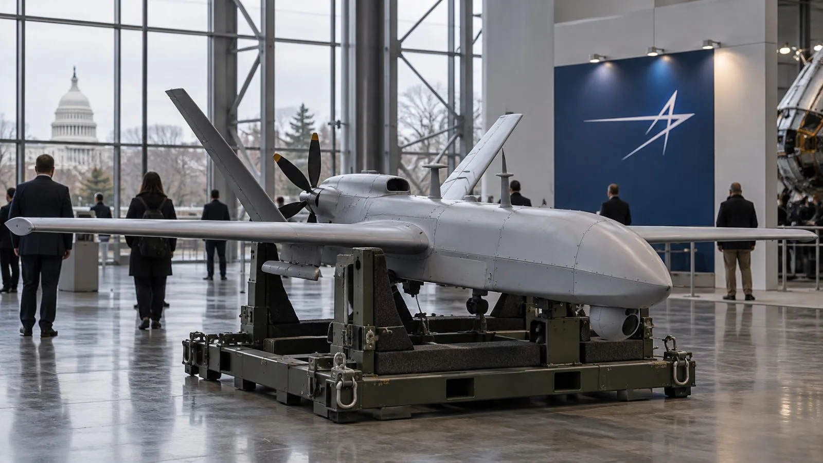 A fixed-wing unmanned aircraft rests on display inside an aerospace exhibition hall in Washington, D.C. / EconoTimes.ai