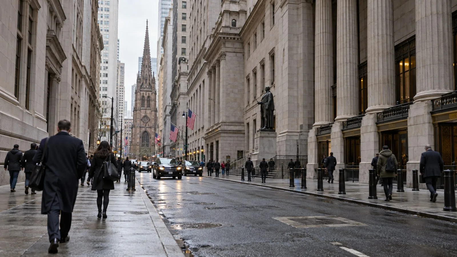 Pedestrians walk along Broad Street in Manhattan’s financial district on an overcast morning. (AI-generated image / EconoTimes)