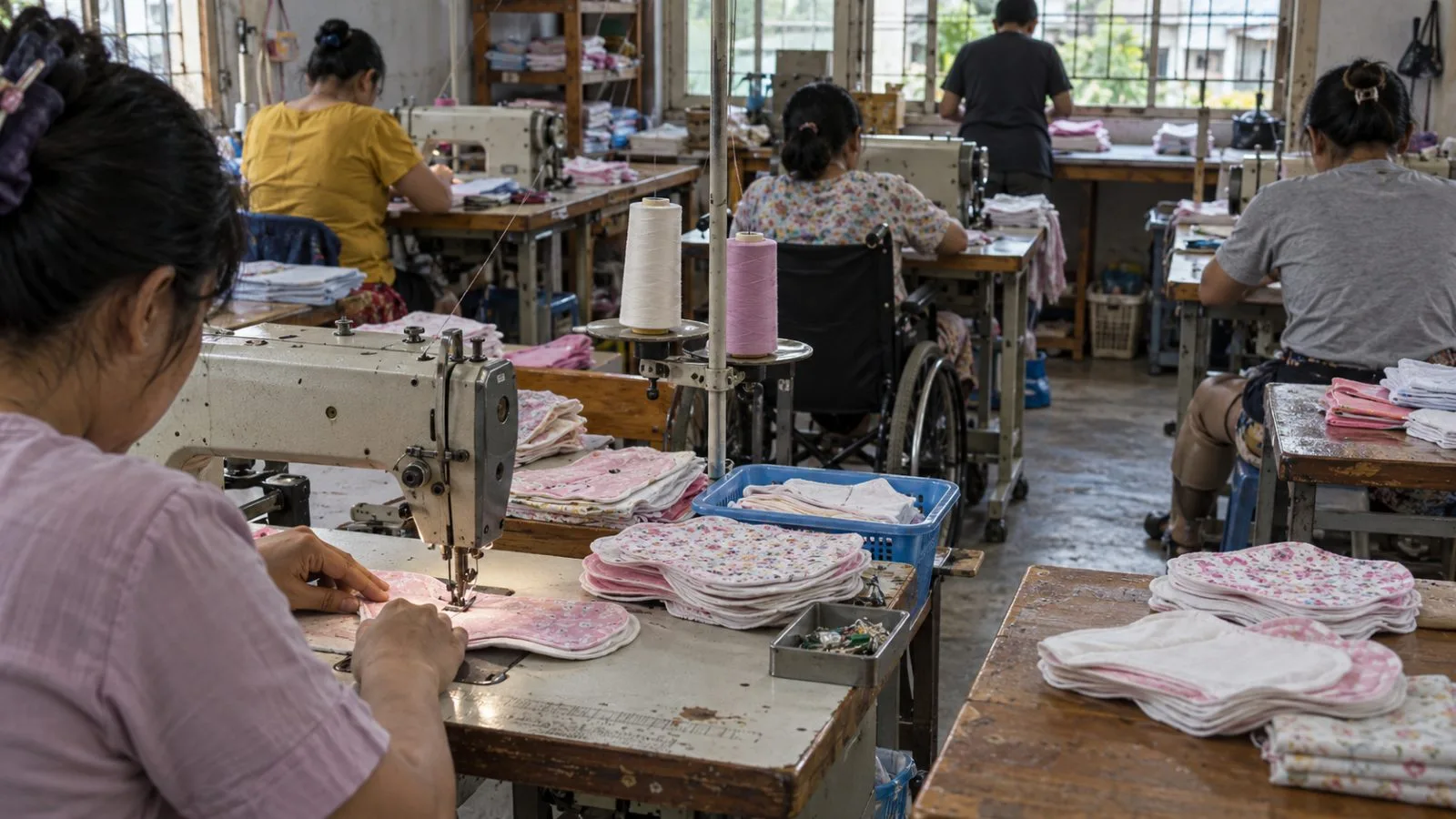 Women sew reusable menstrual pads during vocational training at a Yangon workshop in Myanmar. (AI-generated image / EconoTimes)