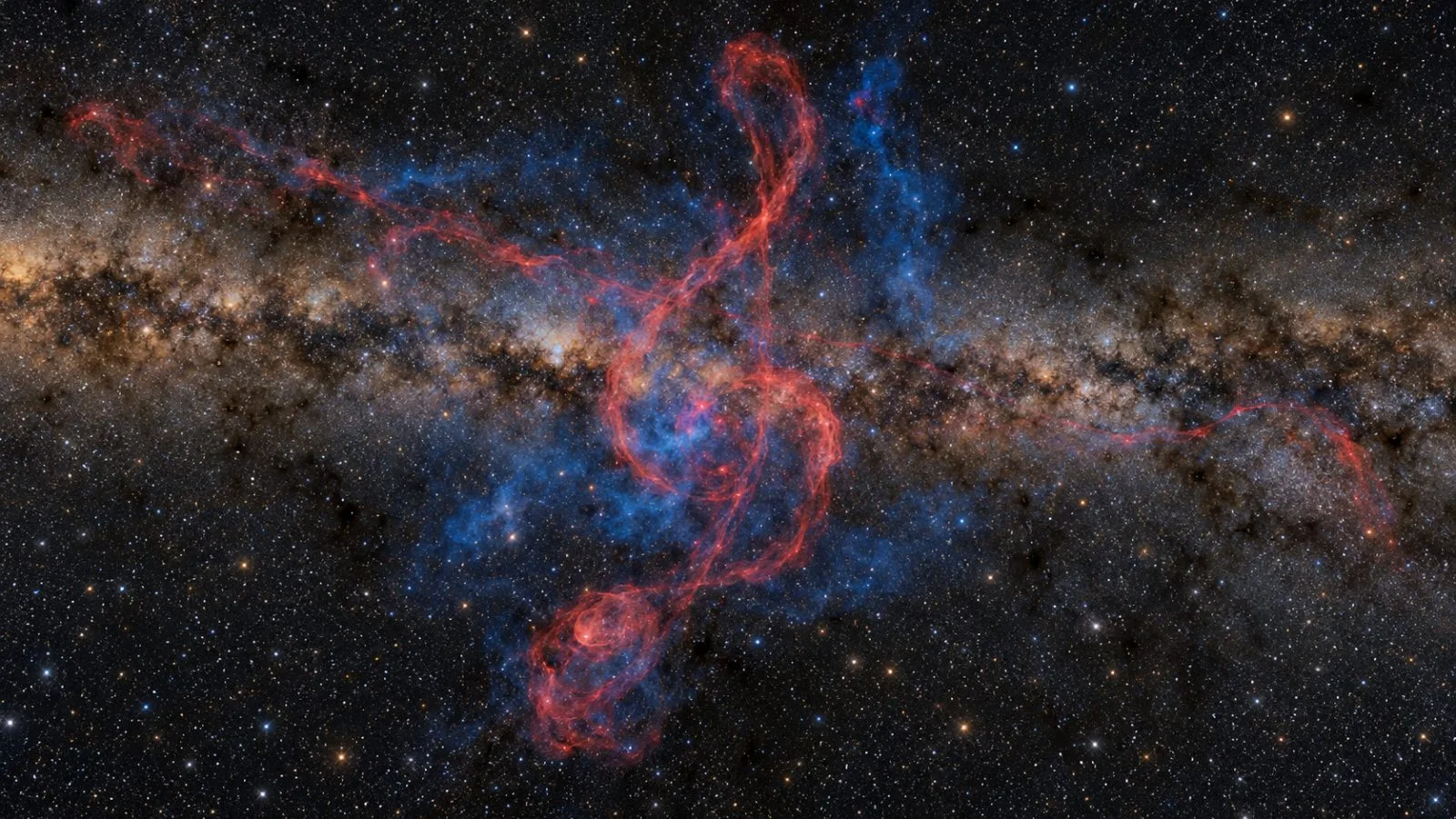 A composite image maps the Treble Clef radio structure behind the Milky Way. (AI-generated image / EconoTimes)