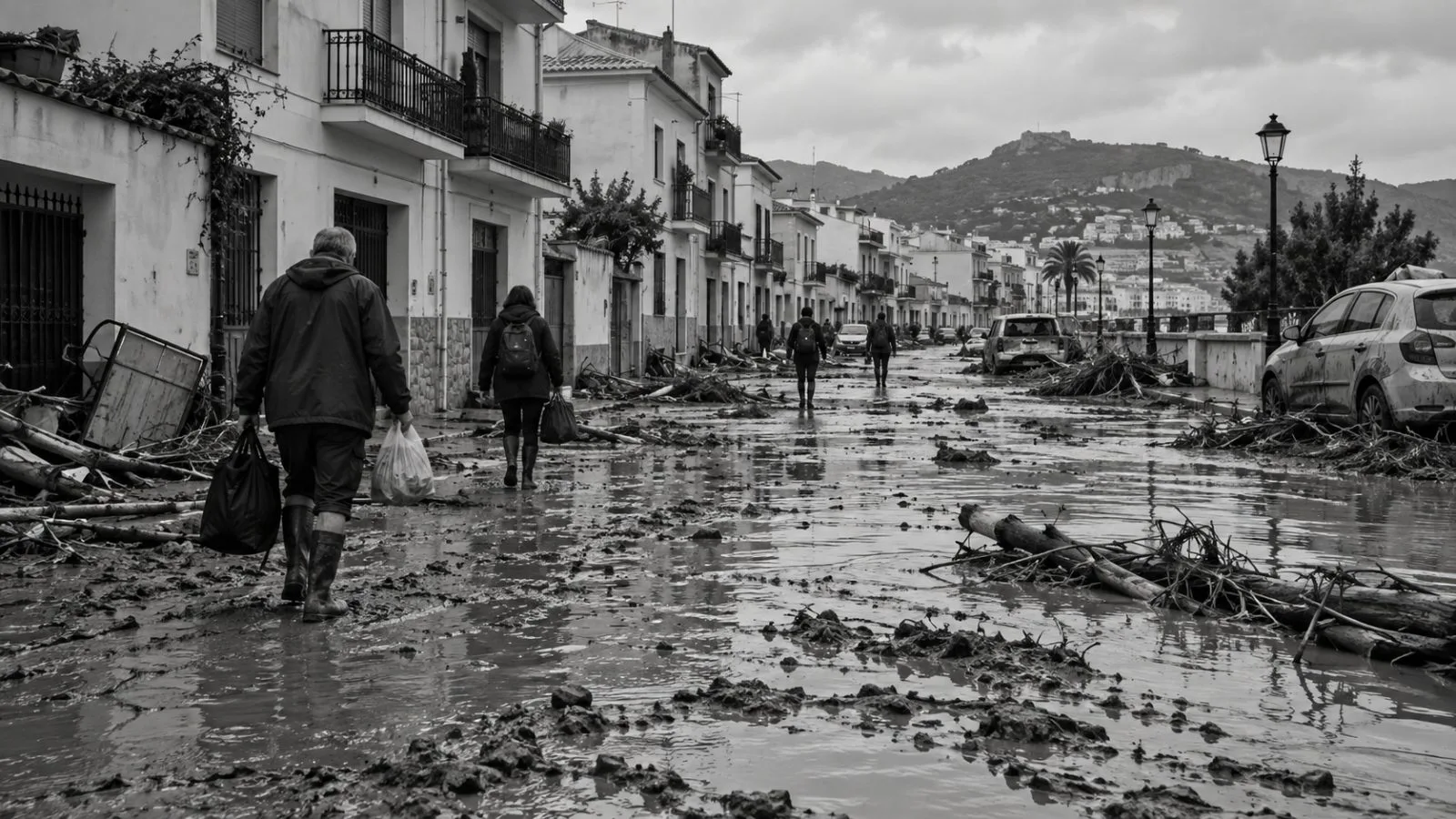 Floodwater covers a residential street in Oliva, Valencia, after heavy rain from Storm Adam. (AI-generated image / EconoTimes)