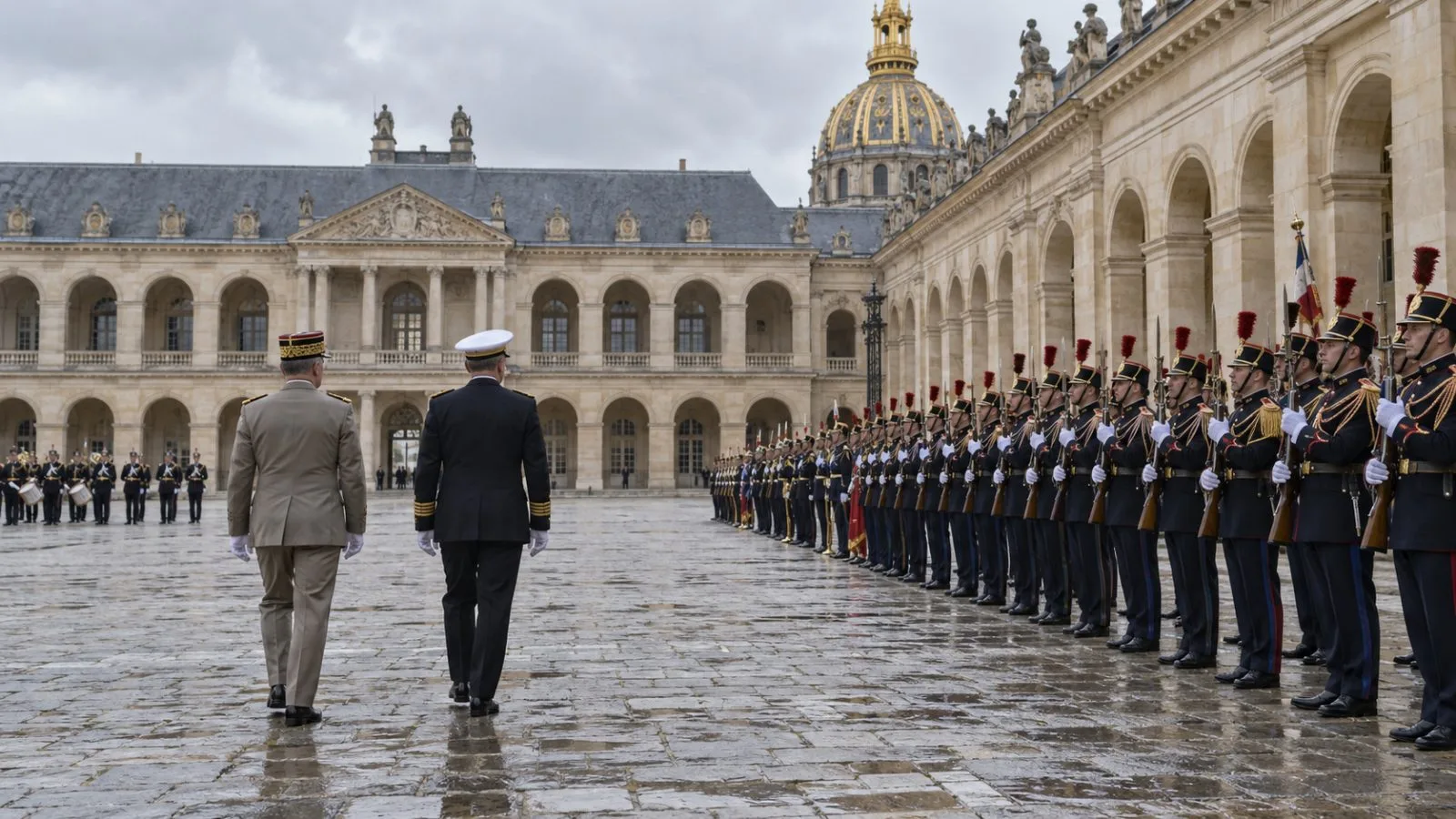 A military honor guard stands in formation during a welcome ceremony in Paris, France (AI-generated image / EconoTimes)