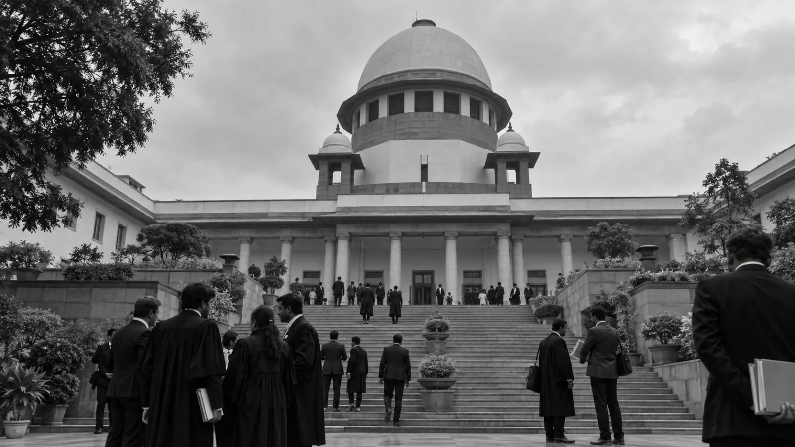 Lawyers and journalists gather outside the Supreme Court of India in New Delhi. (AI-generated image / EconoTimes)