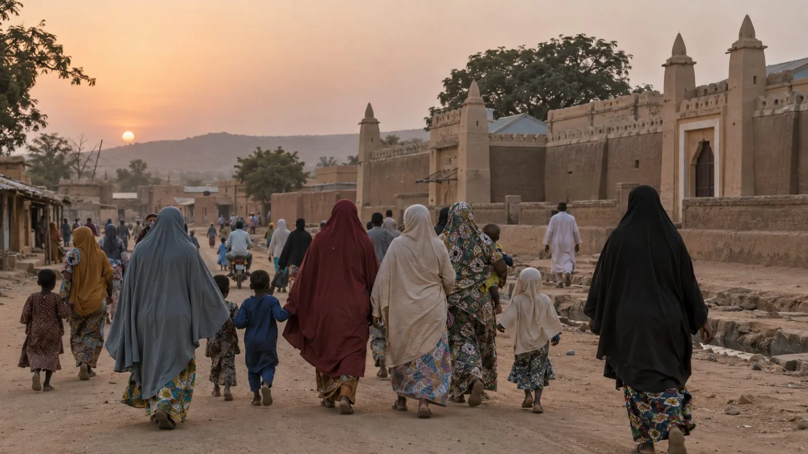 Residents gather outside the traditional ruler’s palace in Rijau, Niger State, Nigeria (AI-generated image / EconoTimes)