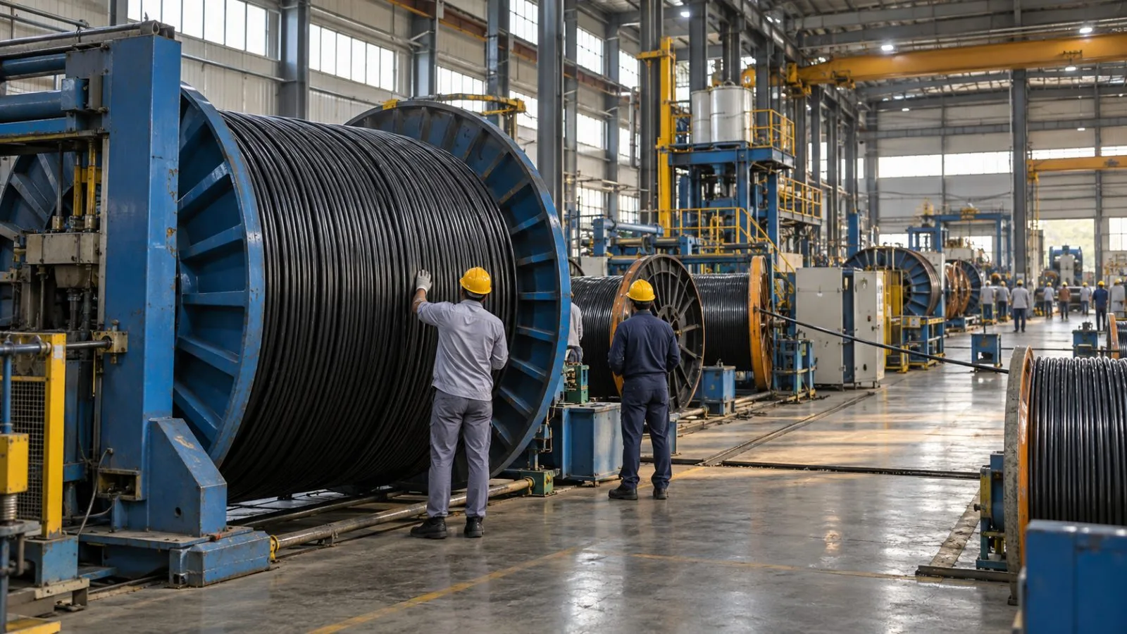A worker guides fiber cable onto a reel inside a manufacturing plant in Hyderabad, India. / EconoTimes.ai