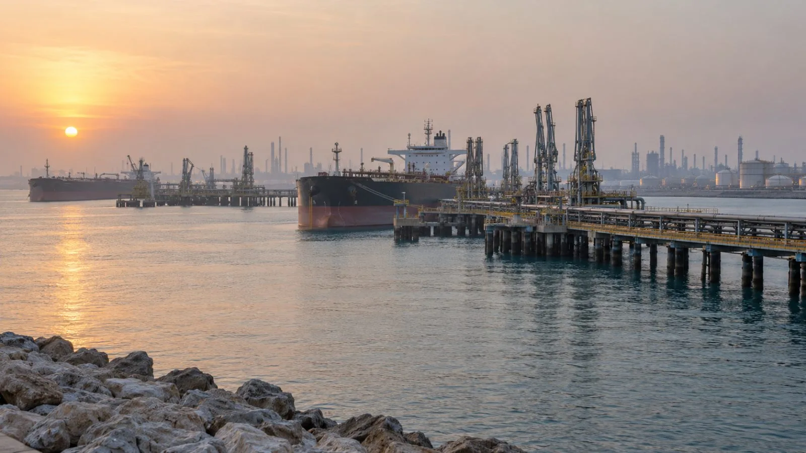 Oil tankers sit offshore near the port of Al Jubayl, Saudi Arabia. (AI-generated image / EconoTimes)