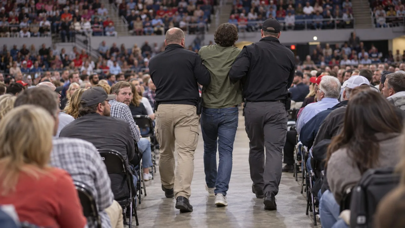 Security personnel escort an attendee from a campaign rally in Greenville, North Carolina. (AI-generated image / EconoTimes)