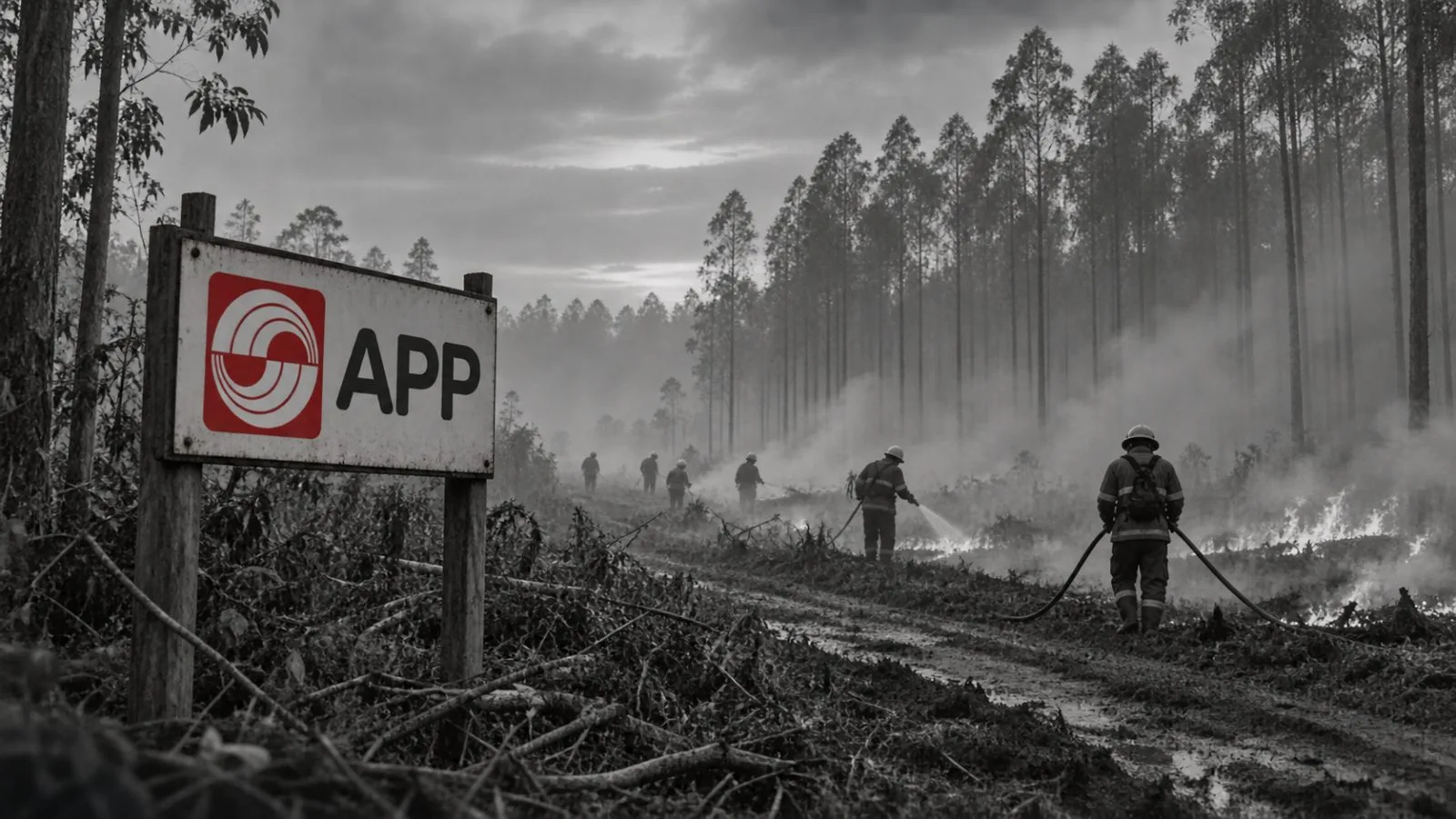Fire crews work beside a smoke-covered peatland plantation in Ogan Komering Ilir, South Sumatra. / EconoTimes.ai
