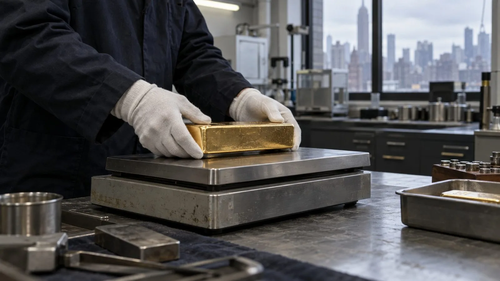A gold bar rests on a scale inside a New York precious-metals assay room (AI-generated image / EconoTimes)