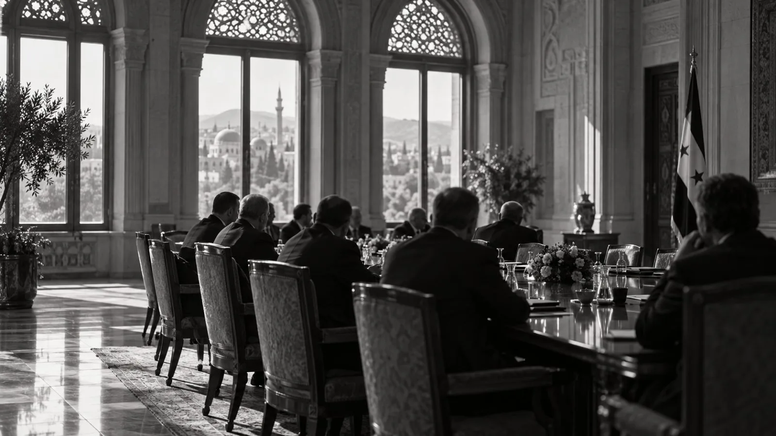 Officials gather around a conference table at the People’s Palace in Damascus, Syria. (AI-generated image / EconoTimes)