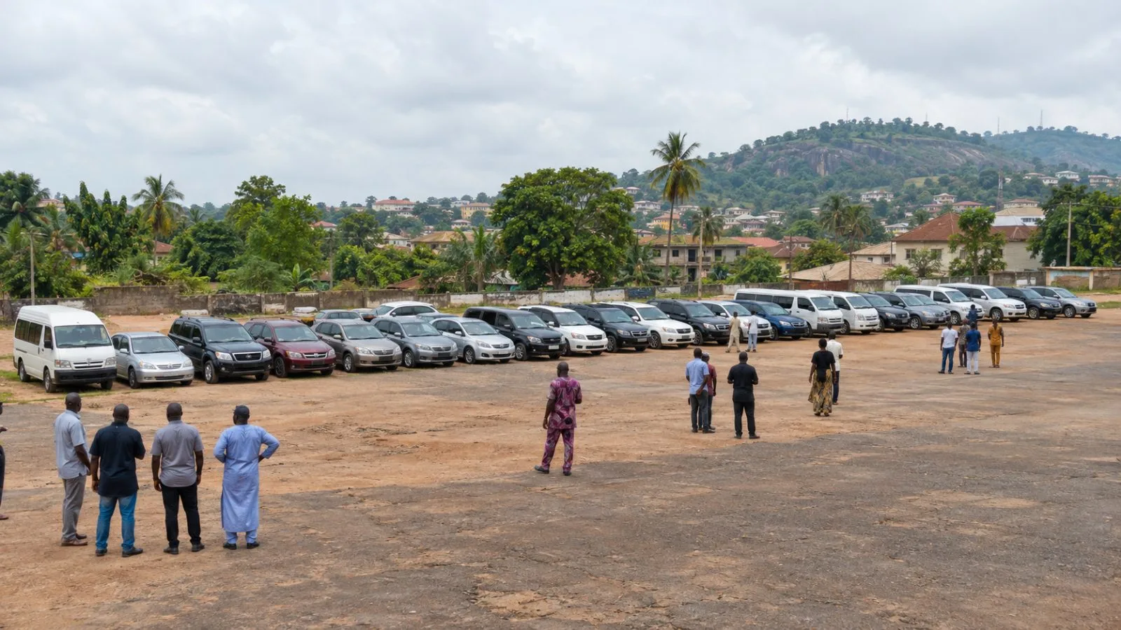 Campaign vehicles stand in a row during a voter outreach event in Akure, Nigeria. (AI-generated image / EconoTimes)
