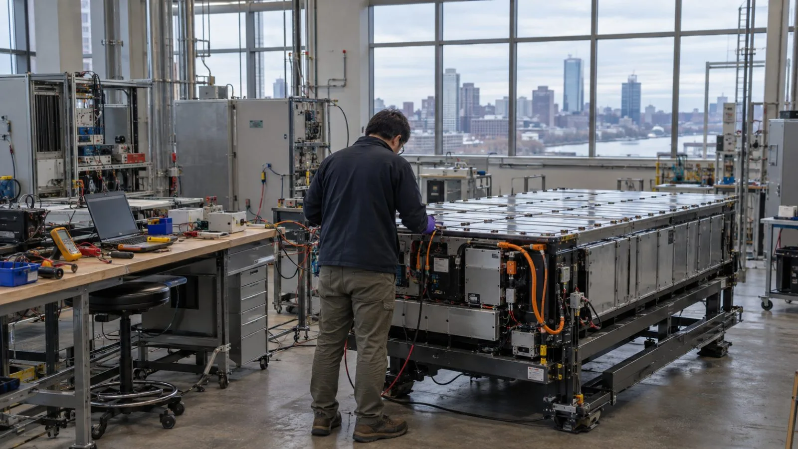 A technician inspects a grid-scale battery module at a climate technology laboratory in Boston. (AI-generated image / EconoTimes)