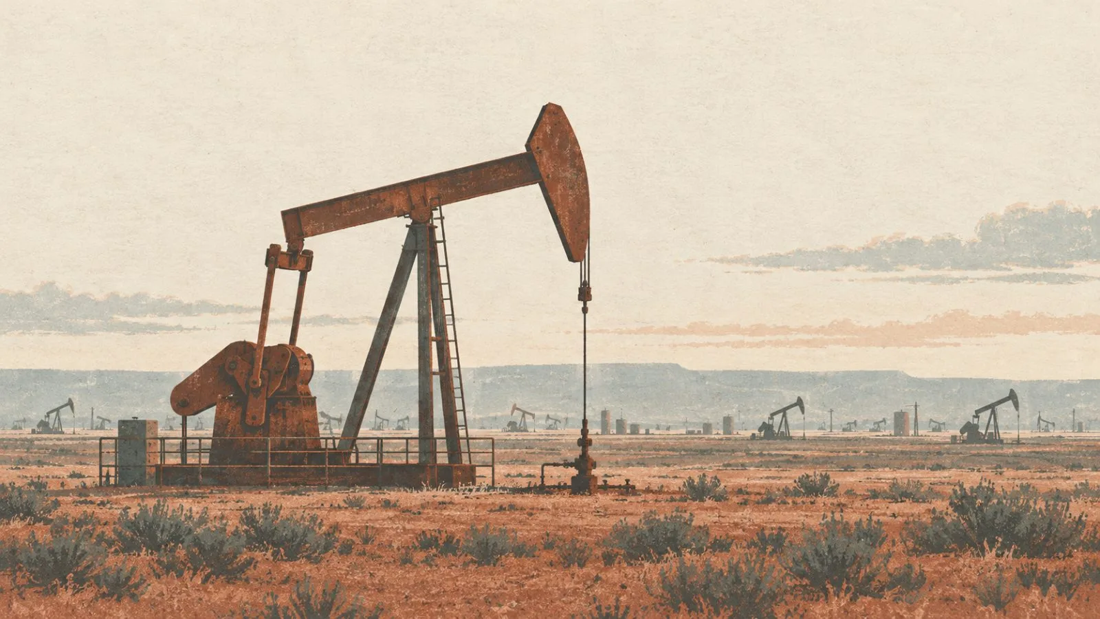Pumpjacks stand across the Permian Basin near Midland, Texas, in late-afternoon light. (AI-generated image / EconoTimes)