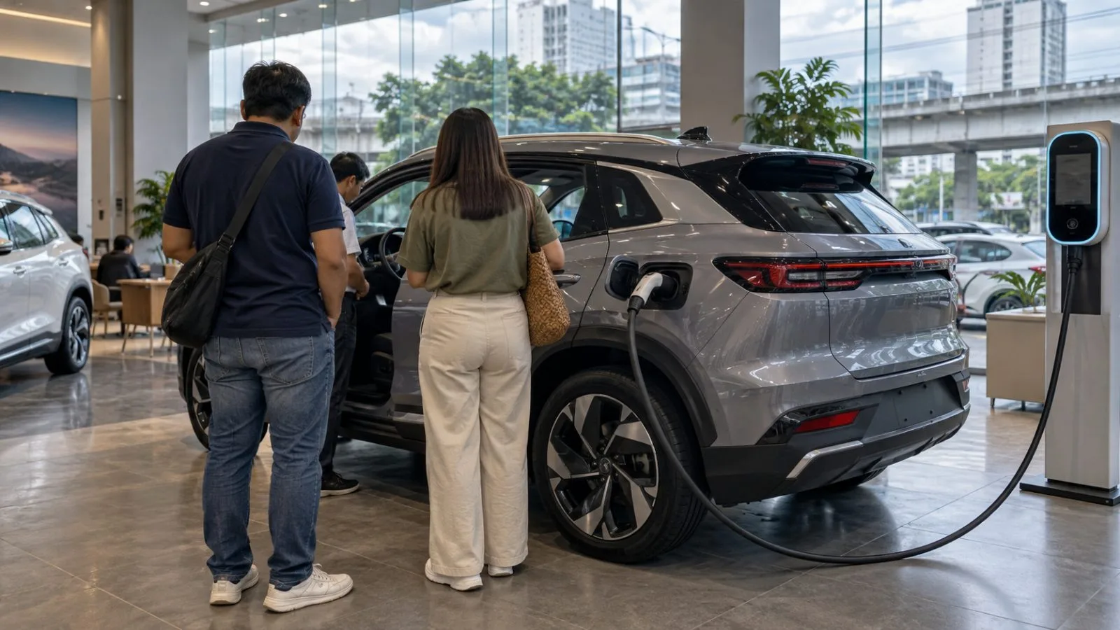 Customers inspect an electric vehicle inside a dealership in Quezon City, Philippines. (AI-generated image / EconoTimes)