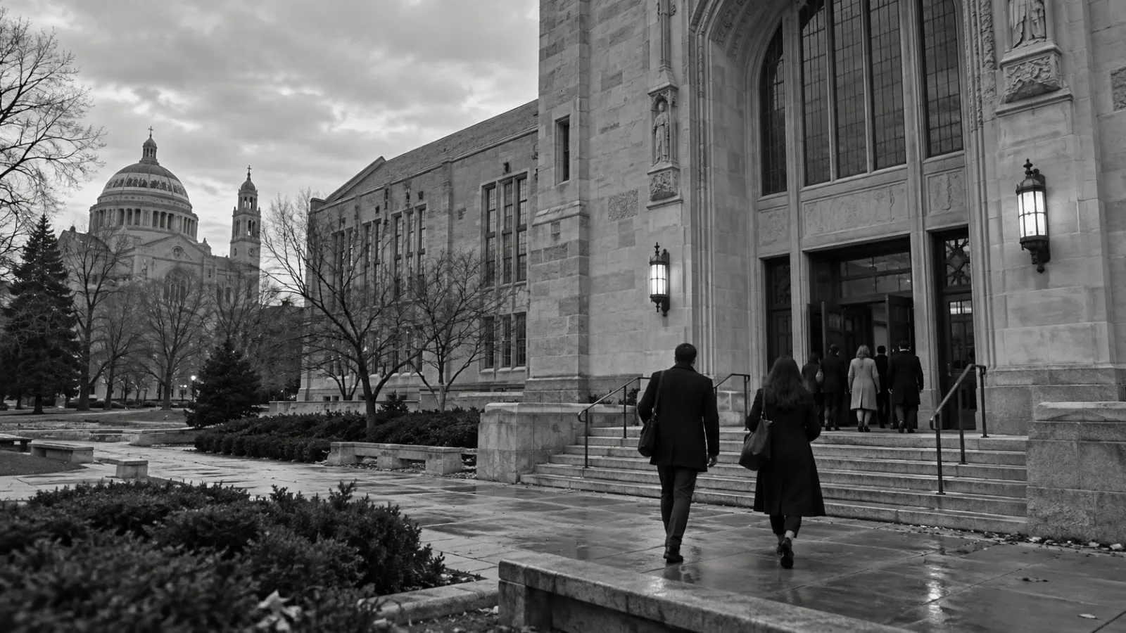 Attendees enter Catholic University's law school in Washington, D.C., on an overcast afternoon. (AI-generated image / EconoTimes)