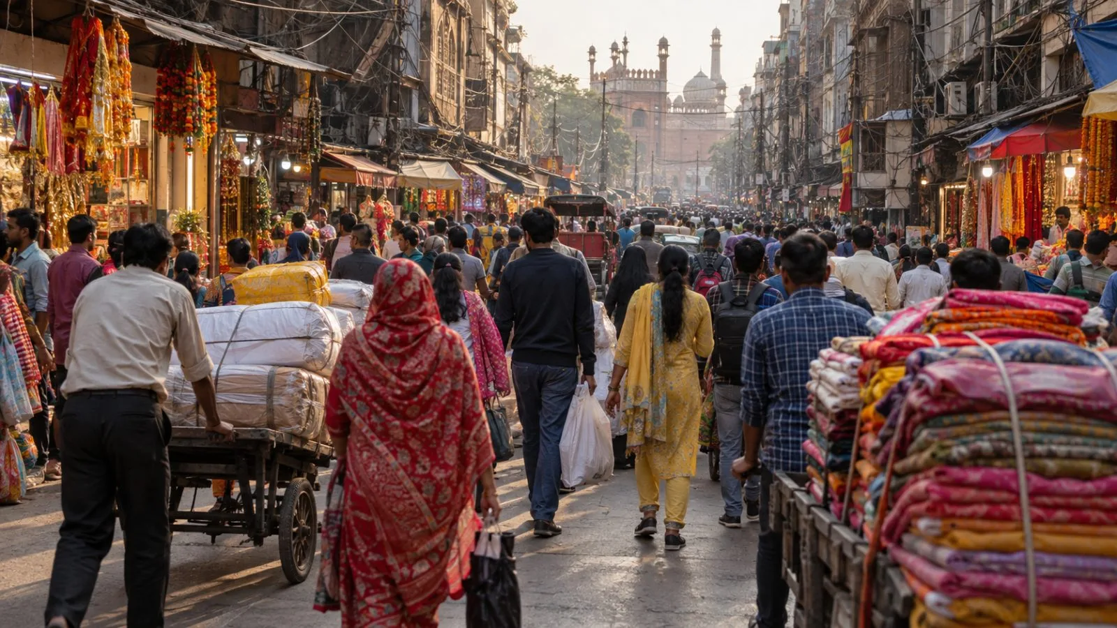 Shoppers pass a delivery vehicle near Ramlila Maidan in New Delhi. / EconoTimes.ai