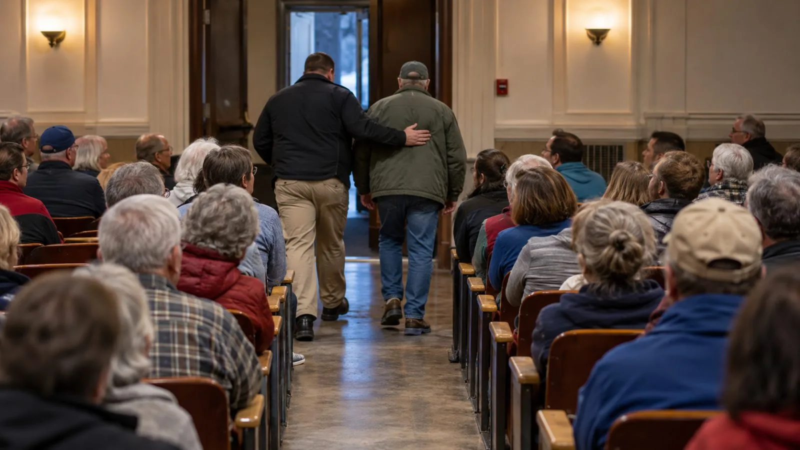 An attendee is guided along the aisle of a debate hall in Bangor, Maine. (AI-generated image / EconoTimes)