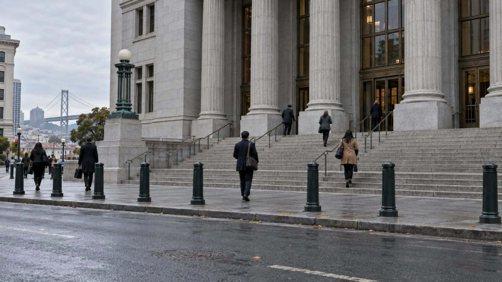People walk past a federal courthouse entrance in San Francisco, California. (AI-generated image / EconoTimes)