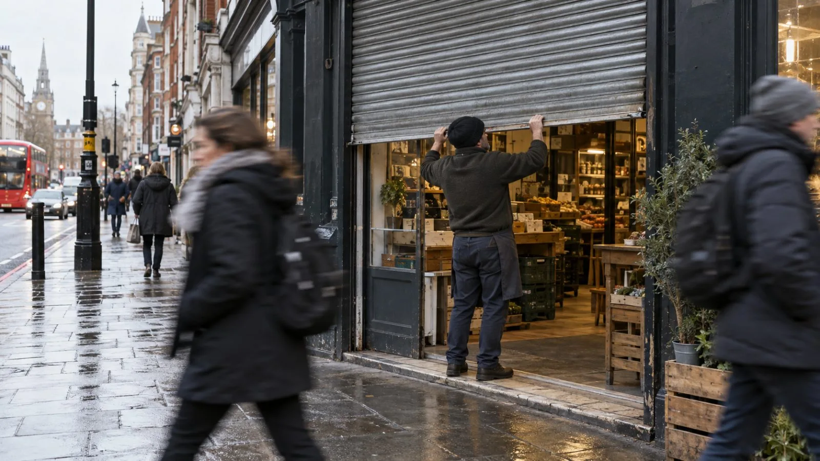 A shopkeeper raises a metal shutter outside an independent shop on a London high street. (AI-generated image / EconoTimes)