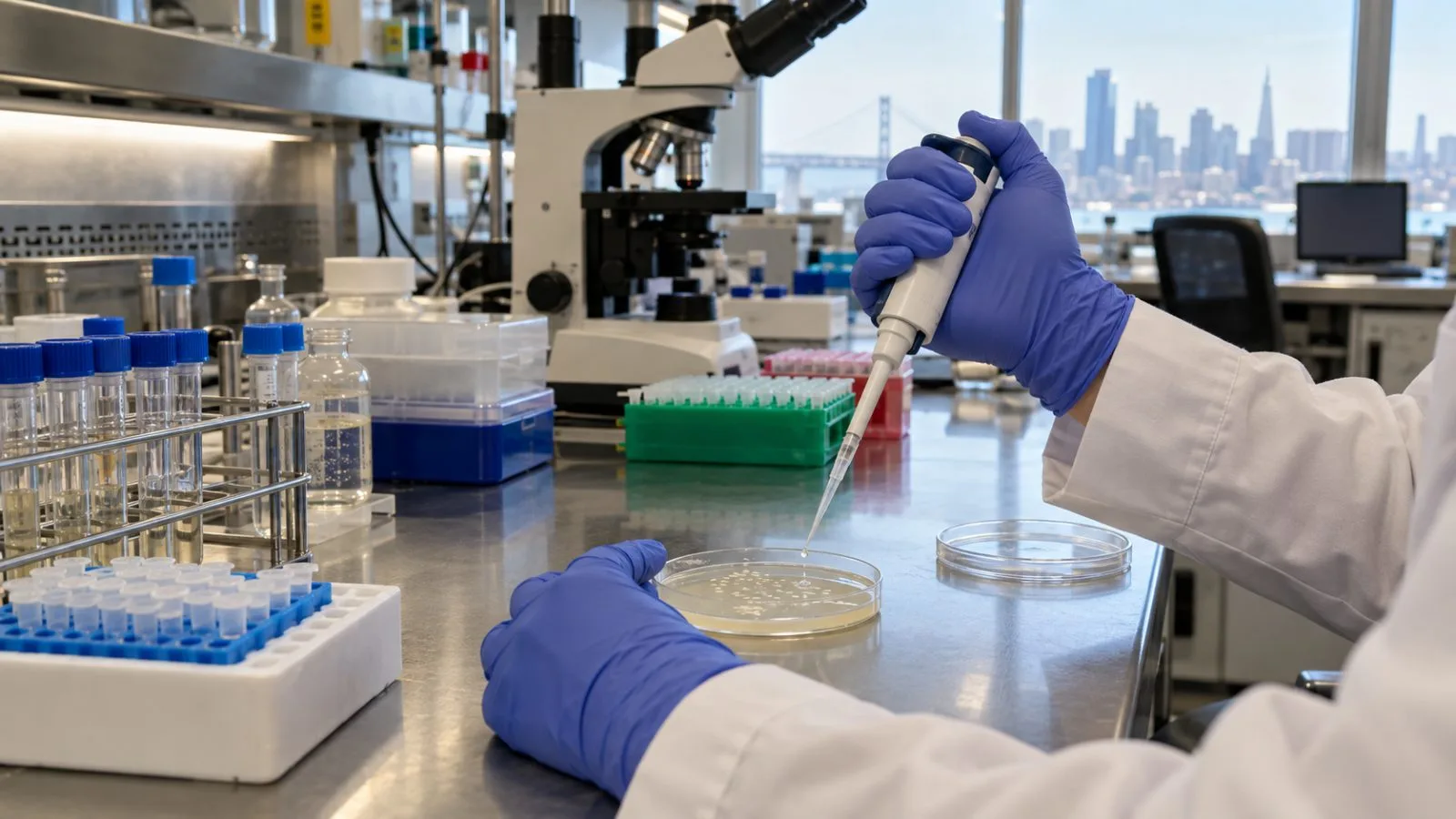 Gloved hands pipette a phage sample beside a bacterial culture in a San Francisco laboratory (AI-generated image / EconoTimes)