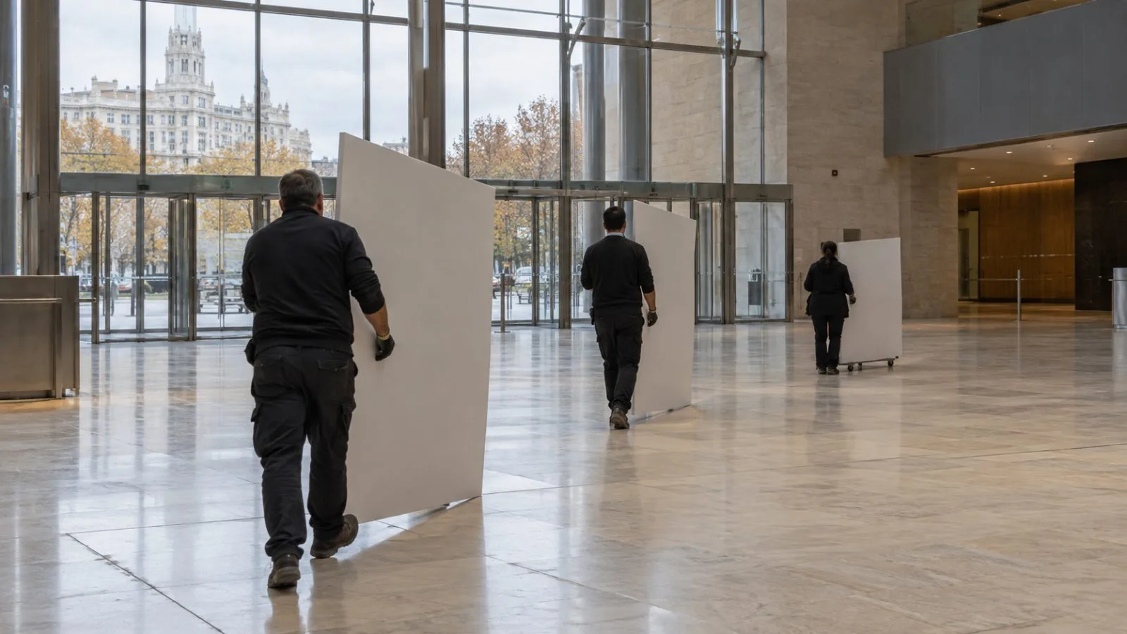 Staff carry blank display panels into a congress hall in Madrid ahead of a medical meeting. (AI-generated image / EconoTimes)