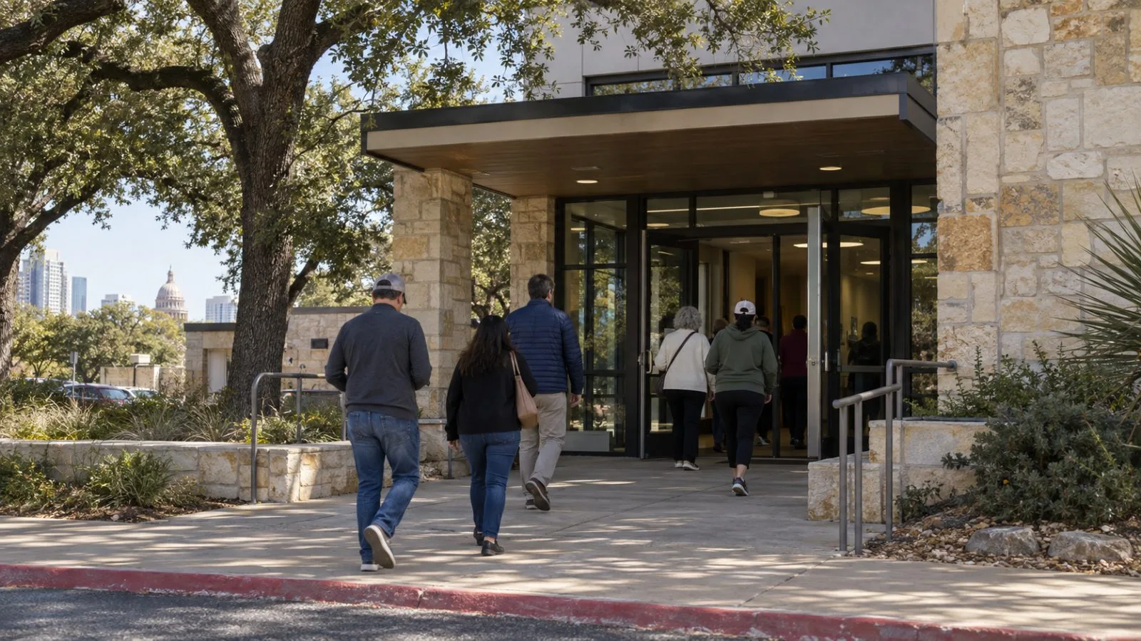 Voters enter an early-voting polling station in Austin, Texas, on a clear morning. (AI-generated image / EconoTimes)