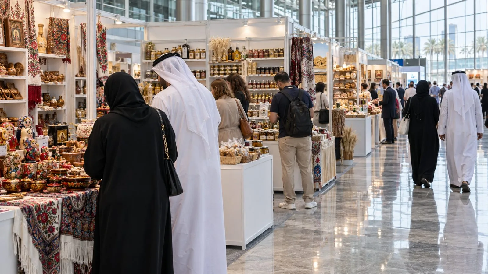 Visitors examine Russian food and handicraft displays at a trade fair in Abu Dhabi, UAE (AI-generated image / EconoTimes)