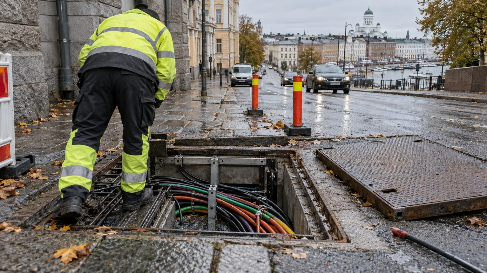 Bundled fiber cables enter an open street utility chamber in Helsinki, Finland. (AI-generated image / EconoTimes)