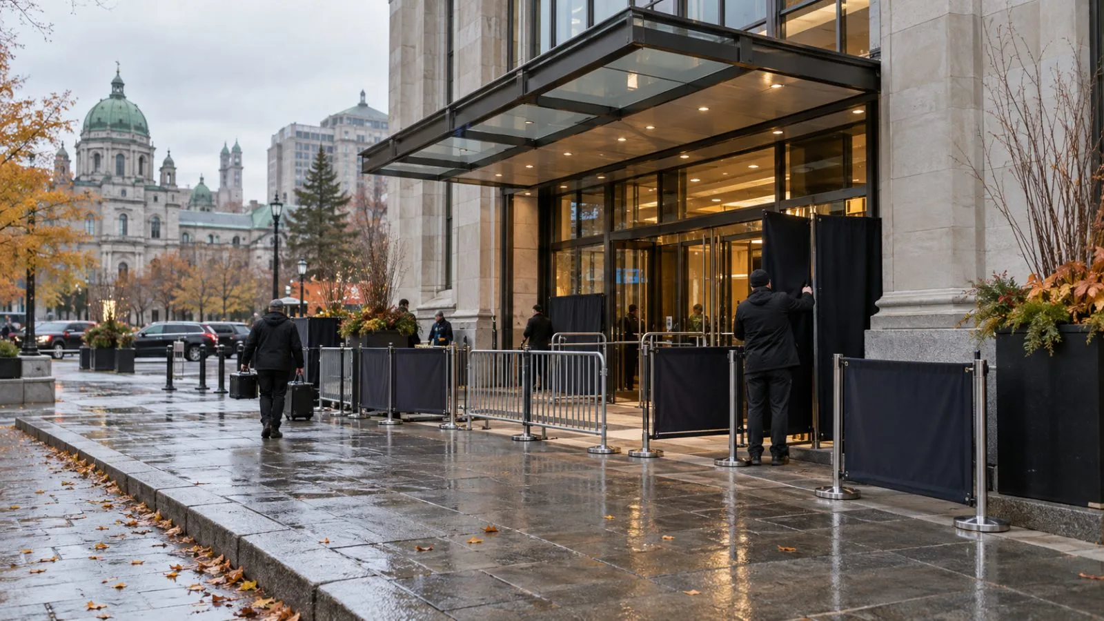 Security barriers frame the EU-Canada summit venue entrance in Montreal, Canada. (AI-generated image / EconoTimes)