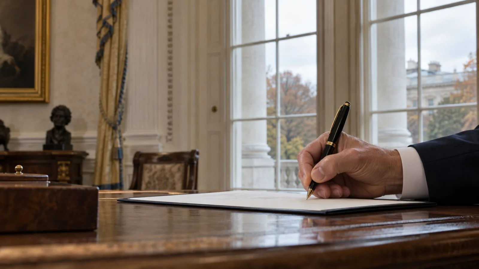 An unidentified hand signs a bill at the White House in Washington, D.C. (AI-generated image / EconoTimes)