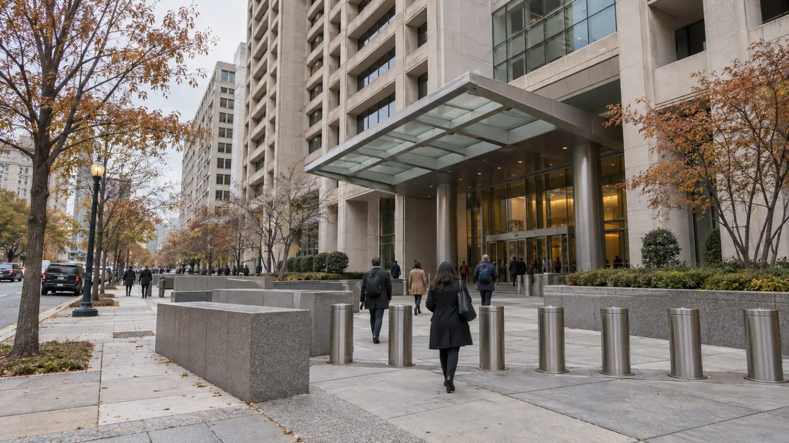 Pedestrians approach the International Monetary Fund headquarters in Washington, D.C. (AI-generated image / EconoTimes)