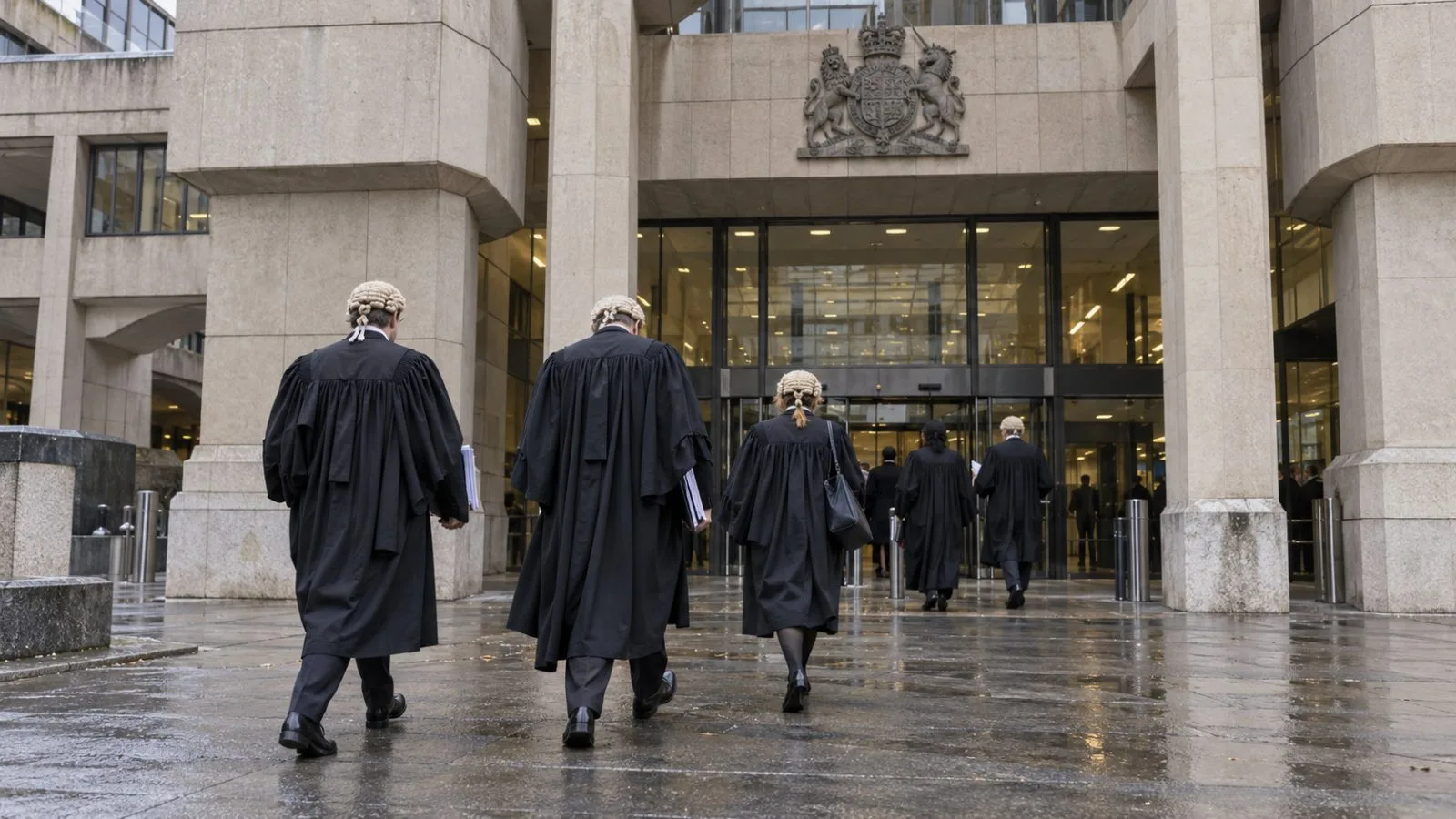 Barristers and court staff pass the entrance to Southwark Crown Court in London. (AI-generated image / EconoTimes)