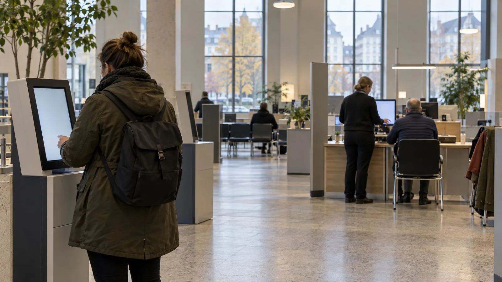 A visitor uses a self-service terminal inside a municipal citizen service centre in Copenhagen. (AI-generated image / EconoTimes)