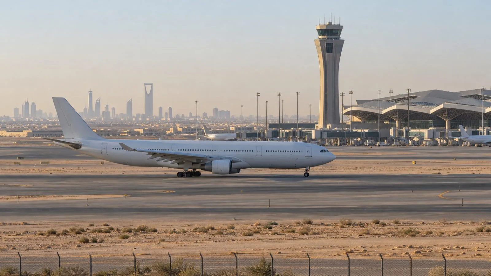 A passenger aircraft taxis beneath the control tower at King Khalid International Airport in Riyadh. (AI-generated image / EconoTimes)